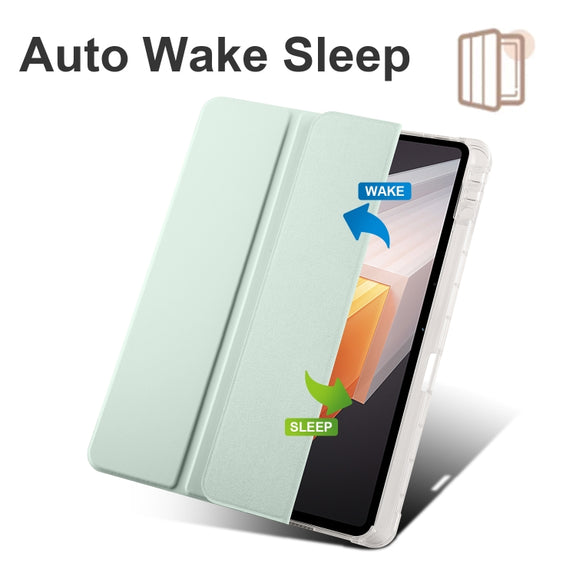 For vivo Pad2 12.1inch 3-folding Transparent TPU Smart Leather Tablet Case with Pen Slot(Light Green)