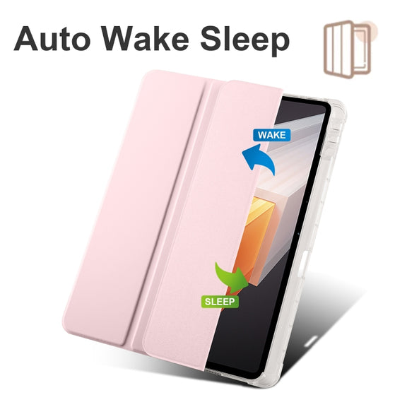 For vivo Pad2 12.1inch 3-folding Transparent TPU Smart Leather Tablet Case with Pen Slot(Pink)