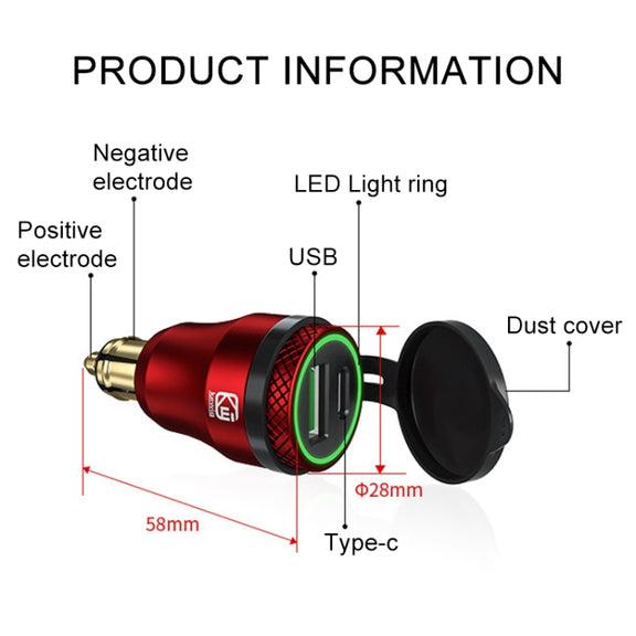 Motorcycle European-style Small-caliber Aluminum Alloy QC 3.0 + PD Fast Charge USB Charger, Shell Color:Red(Blue Light)