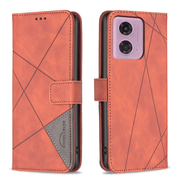 For Motorola Moto G34 5G Magnetic Buckle Rhombus Texture Leather Phone Case(Brown) - Motorola Cases by PMC TechLife | Online Shopping South Africa | PMC TechLife