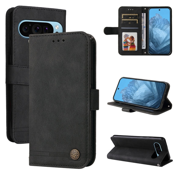 For Google Pixel 9 Skin Feel Life Tree Metal Button Leather Phone Case(Black)