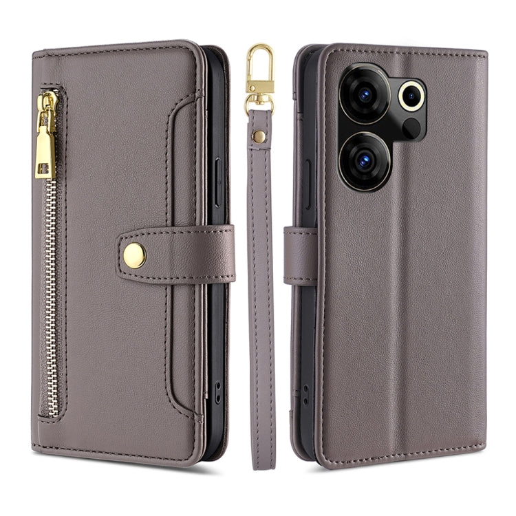 For Tecno Camon 20 Premier 5G Sheep Texture Cross-body Zipper Wallet Leather Phone Case(Grey) - Tecno Cases by PMC TechLife | Online Shopping South Africa | PMC TechLife | Buy Now Pay Later Mobicred