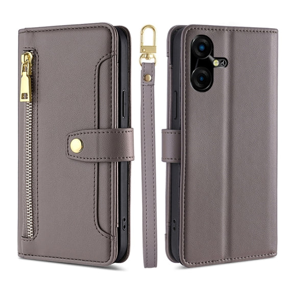 For Tecno Pova Neo 3 Sheep Texture Cross-body Zipper Wallet Leather Phone Case(Grey)