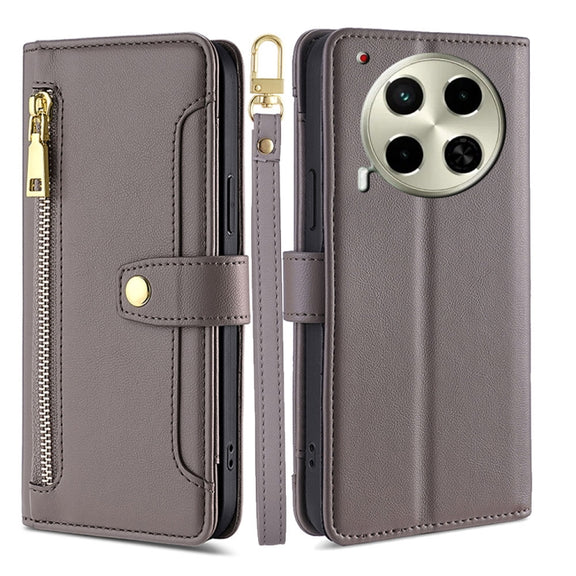 For Tecno Camon 30 Sheep Texture Cross-body Zipper Wallet Leather Phone Case(Grey)