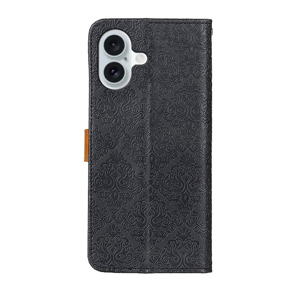 For iPhone 16 European Floral Embossed Leather Phone Case(Black)