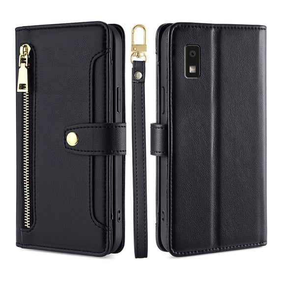 For Sharp Aqous Wish3 Sheep Texture Cross-body Zipper Wallet Leather Phone Case(Black)