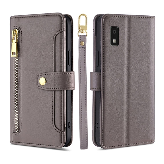 For Sharp Aqous Wish3 Sheep Texture Cross-body Zipper Wallet Leather Phone Case(Grey)