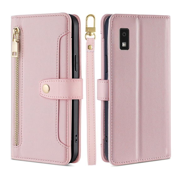 For Sharp Aqous Wish3 Sheep Texture Cross-body Zipper Wallet Leather Phone Case(Pink)