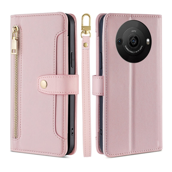 For Sharp Aquos R8 Pro SH-51 Sheep Texture Cross-body Zipper Wallet Leather Phone Case(Pink)