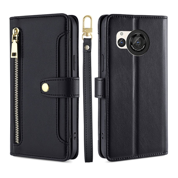 For Sharp Aquos R8 SH-52D Sheep Texture Cross-body Zipper Wallet Leather Phone Case(Black)