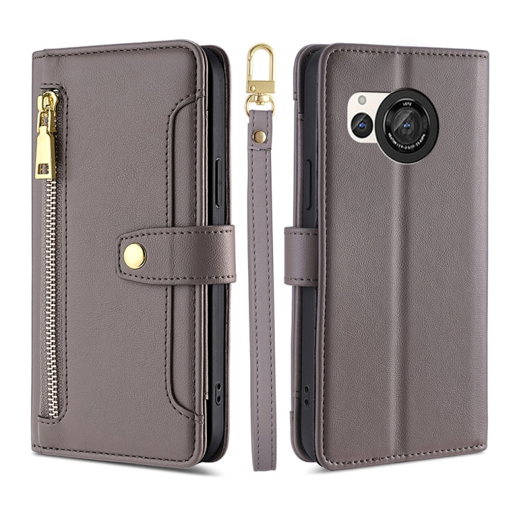 For Sharp Aquos R8 SH-52D Sheep Texture Cross-body Zipper Wallet Leather Phone Case(Grey) - More Brand by PMC TechLife | Online Shopping South Africa | PMC TechLife | Buy Now Pay Later Mobicred