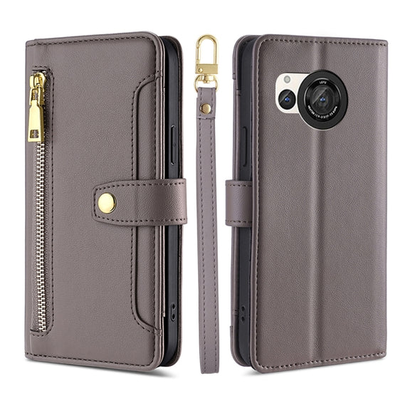 For Sharp Aquos R8 SH-52D Sheep Texture Cross-body Zipper Wallet Leather Phone Case(Grey)