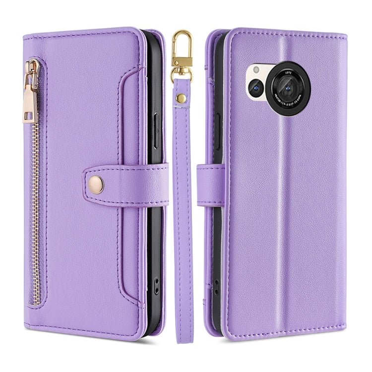 For Sharp Aquos R8 SH-52D Sheep Texture Cross-body Zipper Wallet Leather Phone Case(Purple) - More Brand by PMC TechLife | Online Shopping South Africa | PMC TechLife | Buy Now Pay Later Mobicred