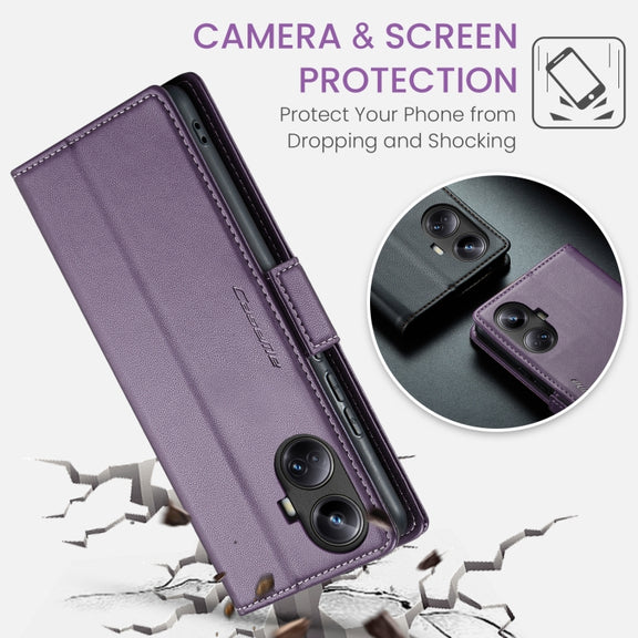 For Realme 10 Pro+ CaseMe 023 Butterfly Buckle Litchi Texture RFID Anti-theft Leather Phone Case(Pearly Purple)