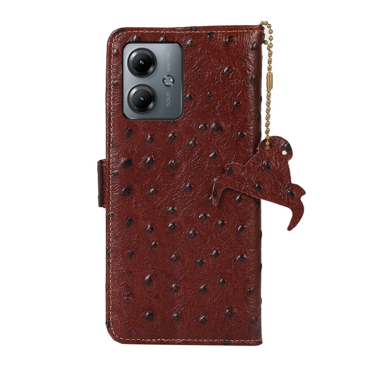 For Motorola Moto G14 4G Ostrich Pattern Genuine Leather RFID Phone Case(Coffee) - Motorola Cases by PMC TechLife | Online Shopping South Africa | PMC TechLife | Buy Now Pay Later Mobicred