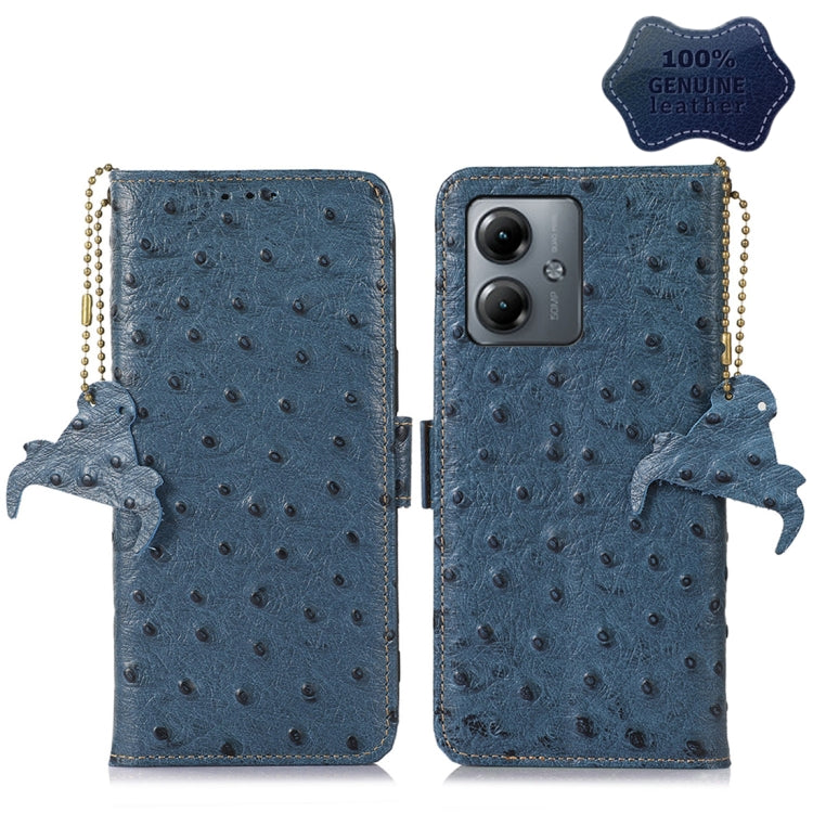 For Motorola Moto G14 4G Ostrich Pattern Genuine Leather RFID Phone Case(Blue) - Motorola Cases by PMC TechLife | Online Shopping South Africa | PMC TechLife | Buy Now Pay Later Mobicred