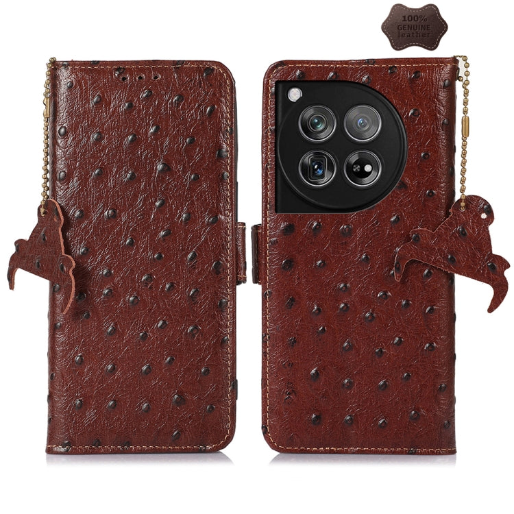 For OnePlus 12 Ostrich Pattern Genuine Leather RFID Phone Case(Coffee) - OnePlus Cases by PMC TechLife | Online Shopping South Africa | PMC TechLife | Buy Now Pay Later Mobicred