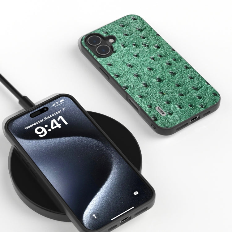 For iPhone 16 Plus ABEEL Genuine Leather Ostrich Texture Phone Case(Green) - iPhone 16 Plus Cases by PMC TechLife | Online Shopping South Africa | PMC TechLife | Buy Now Pay Later Mobicred
