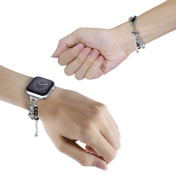 For Apple Watch Ultra 49mm Pearl Bracelet Metal Watch Band(Silver Black)