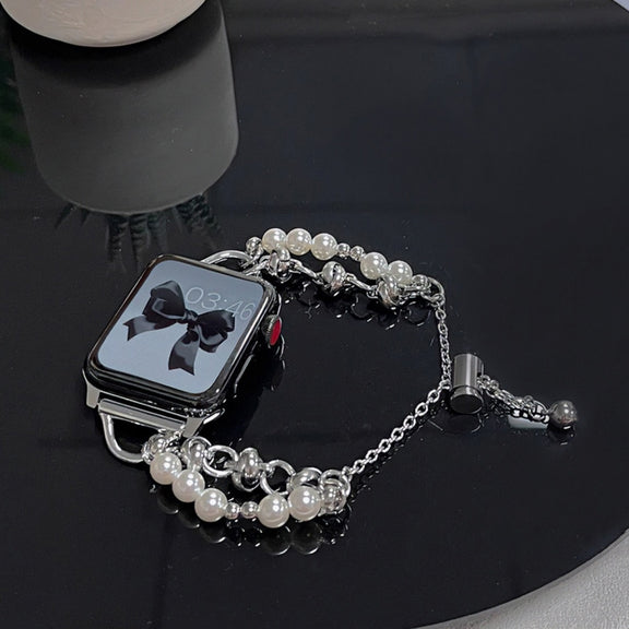 For Apple Watch 8 41mm Pearl Bracelet Metal Watch Band(Silver Black)