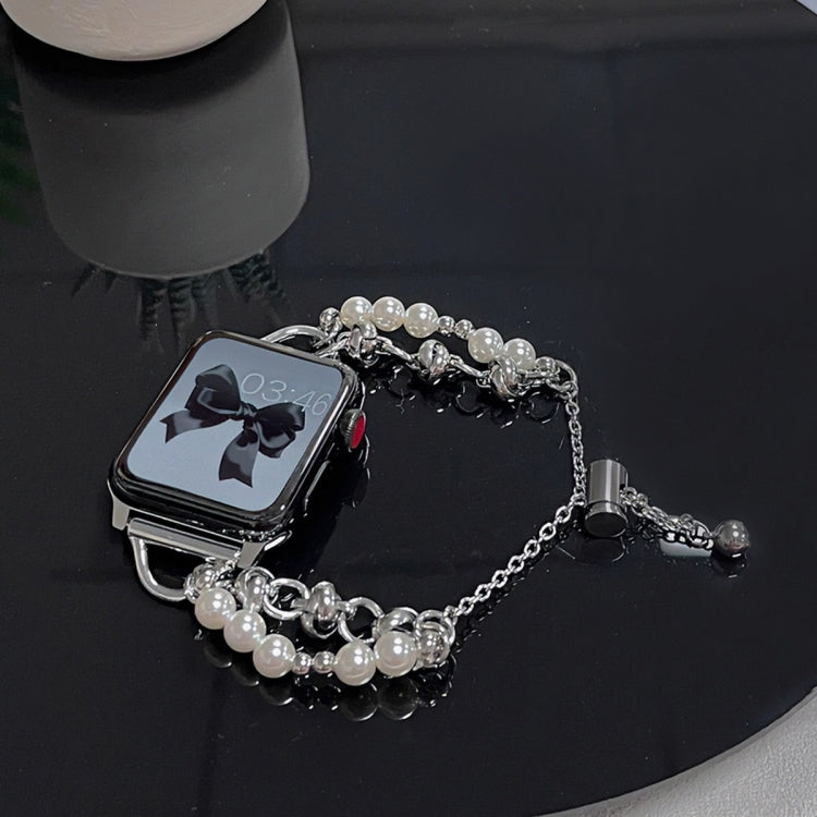 For Apple Watch 7 41mm Pearl Bracelet Metal Watch Band(Silver Black)