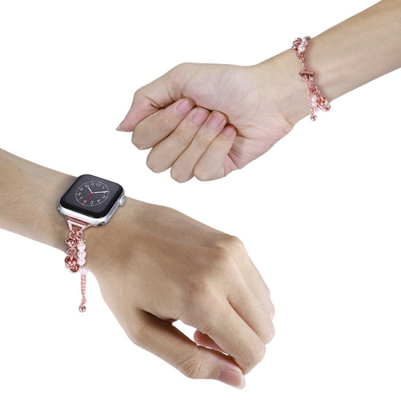 For Apple Watch 6 44mm Pearl Bracelet Metal Watch Band(Rose Gold)