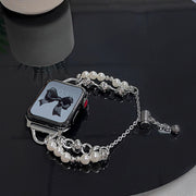 For Apple Watch 38mm Pearl Bracelet Metal Watch Band(Silver Black)