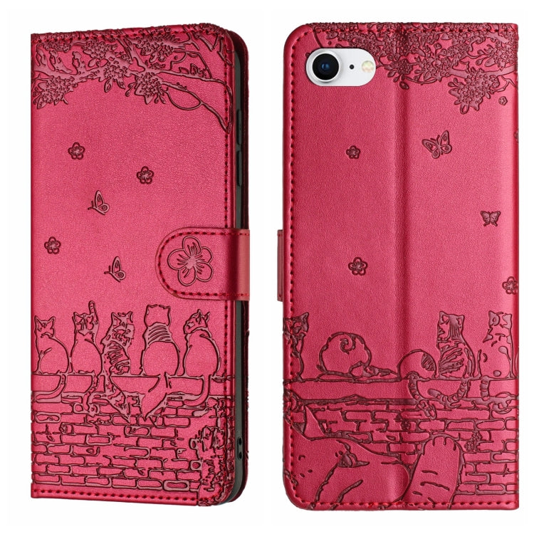 For iPhone 16e Cat Embossing Pattern Leather Phone Case with Lanyard(Red) - iPhone 16e Cases by PMC TechLife | Online Shopping South Africa | PMC TechLife | Buy Now Pay Later Mobicred