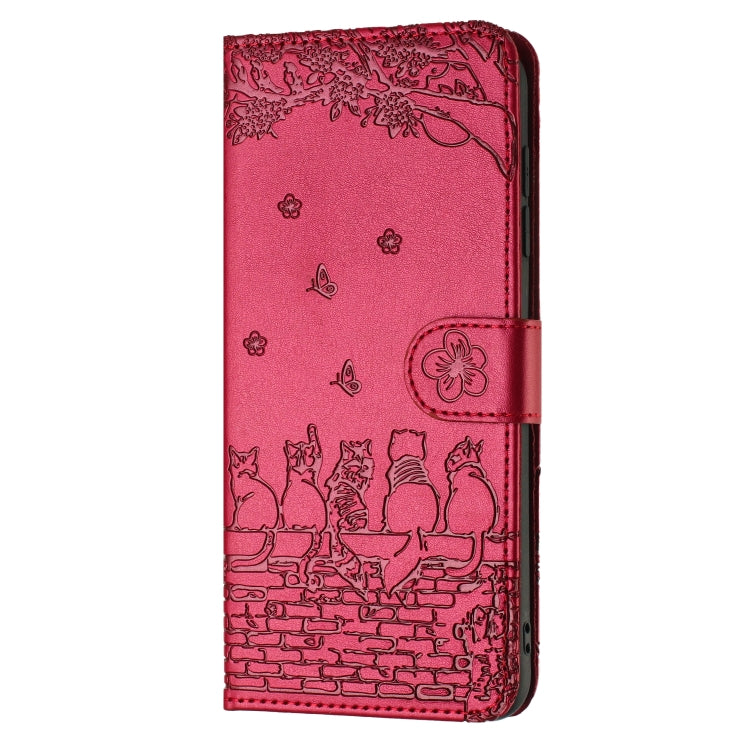 For iPhone 16e Cat Embossing Pattern Leather Phone Case with Lanyard(Red) - iPhone 16e Cases by PMC TechLife | Online Shopping South Africa | PMC TechLife | Buy Now Pay Later Mobicred