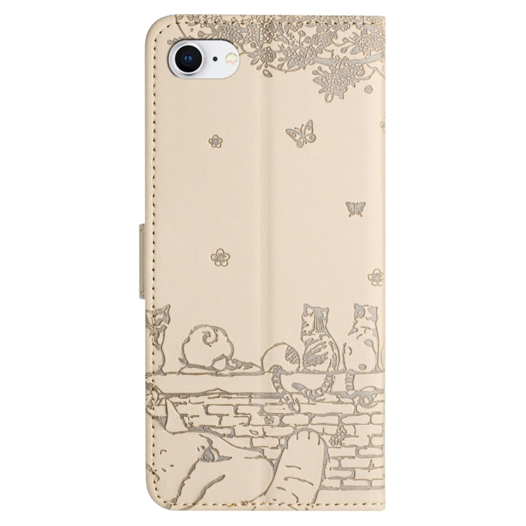 For iPhone 16e Cat Embossing Pattern Leather Phone Case with Lanyard(Beige) - iPhone 16e Cases by PMC TechLife | Online Shopping South Africa | PMC TechLife | Buy Now Pay Later Mobicred