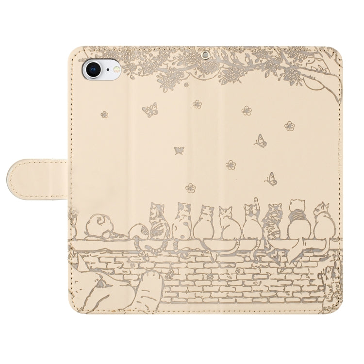 For iPhone 16e Cat Embossing Pattern Leather Phone Case with Lanyard(Beige) - iPhone 16e Cases by PMC TechLife | Online Shopping South Africa | PMC TechLife | Buy Now Pay Later Mobicred