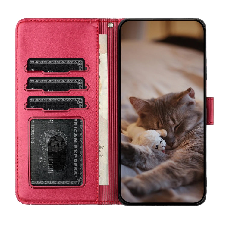 For iPhone 16 Pro Cat Embossing Pattern Leather Phone Case with Lanyard(Red) - free shipping - PMC TechLife - Order now!