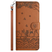 For iPhone 16 Pro Cat Embossing Pattern Leather Phone Case with Lanyard(Brown)