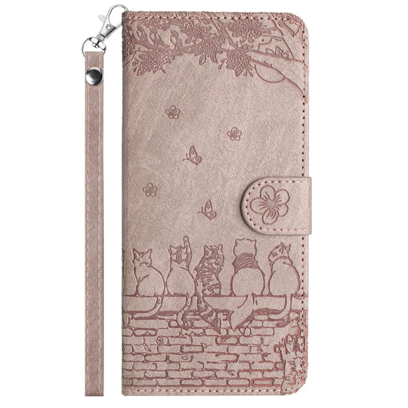 For iPhone 16 Pro Cat Embossing Pattern Leather Phone Case with Lanyard(Grey)