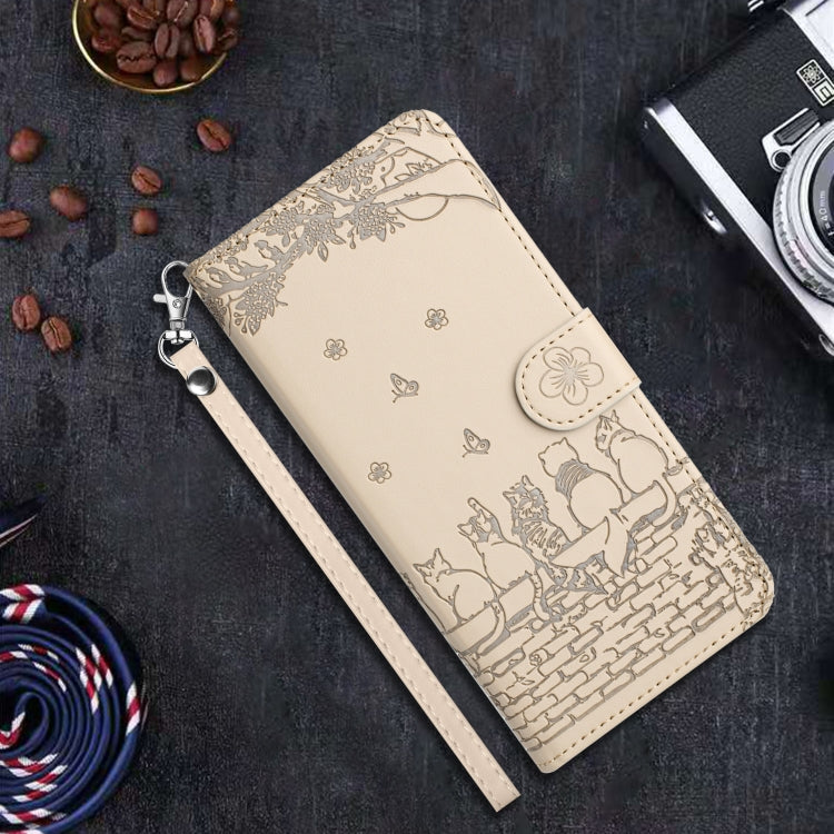 For iPhone 16 Pro Cat Embossing Pattern Leather Phone Case with Lanyard(Beige) - iPhone 16 Pro Cases by PMC TechLife | Online Shopping South Africa | PMC TechLife | Buy Now Pay Later Mobicred