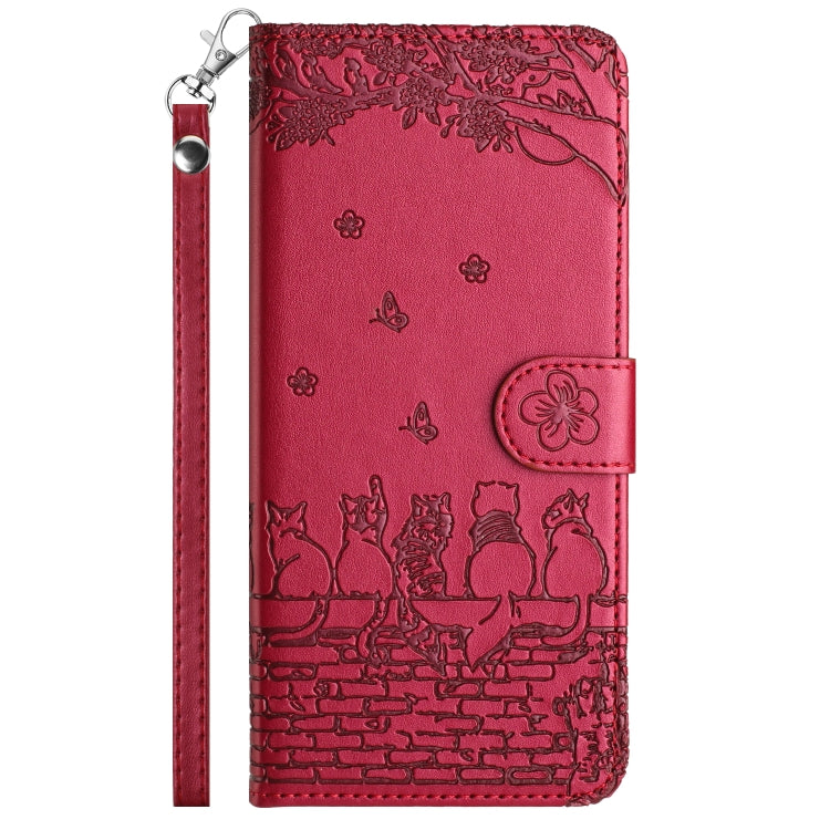 For iPhone 16 Plus Cat Embossing Pattern Leather Phone Case with Lanyard(Red) - iPhone 16 Plus Cases by PMC TechLife | Online Shopping South Africa | PMC TechLife | Buy Now Pay Later Mobicred
