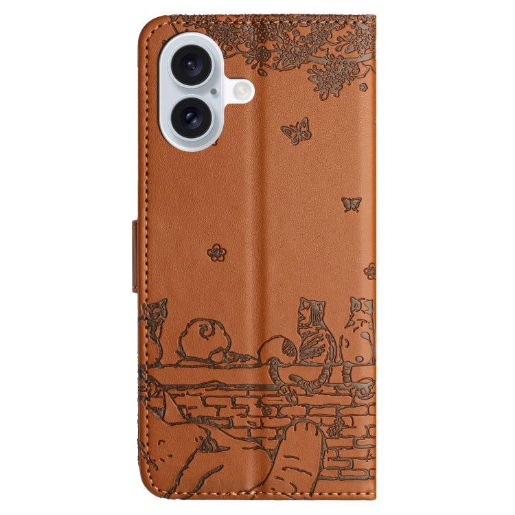 For iPhone 16 Plus Cat Embossing Pattern Leather Phone Case with Lanyard(Brown)