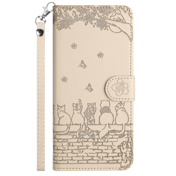 For iPhone 16 Plus Cat Embossing Pattern Leather Phone Case with Lanyard(Beige)