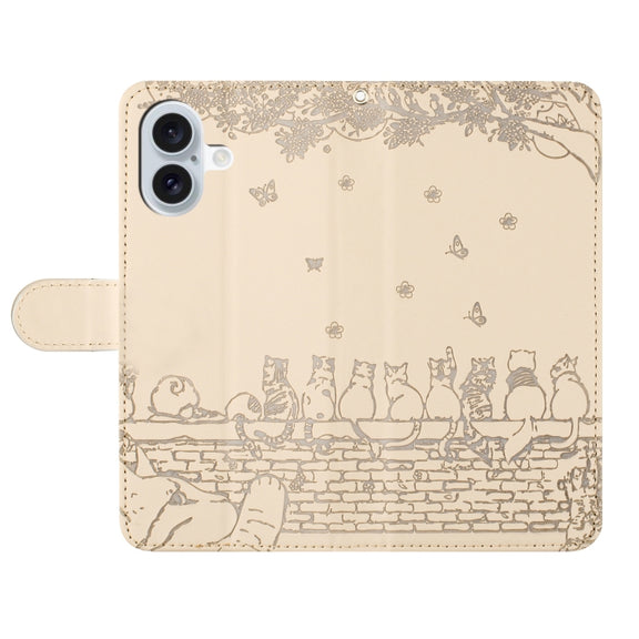 For iPhone 16 Plus Cat Embossing Pattern Leather Phone Case with Lanyard(Beige)