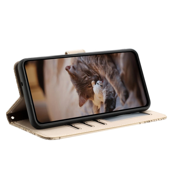 For iPhone 16 Plus Cat Embossing Pattern Leather Phone Case with Lanyard(Beige)