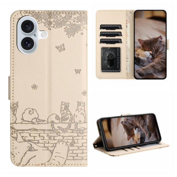 For iPhone 16 Cat Embossing Pattern Leather Phone Case with Lanyard(Beige)