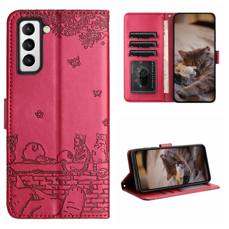 For Samsung Galaxy S22 Cat Embossing Pattern Leather Phone Case with Lanyard(Red) - Galaxy S22 5G Cases by PMC TechLife | Online Shopping South Africa | PMC TechLife