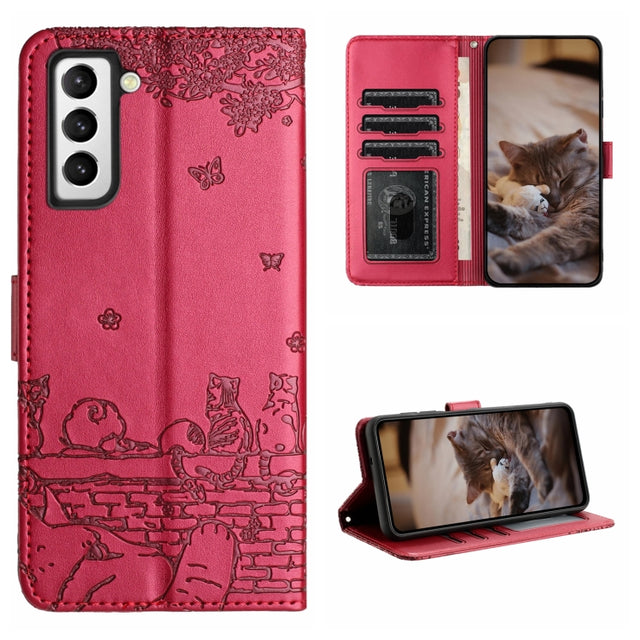 For Samsung Galaxy S22 Cat Embossing Pattern Leather Phone Case with Lanyard(Red)