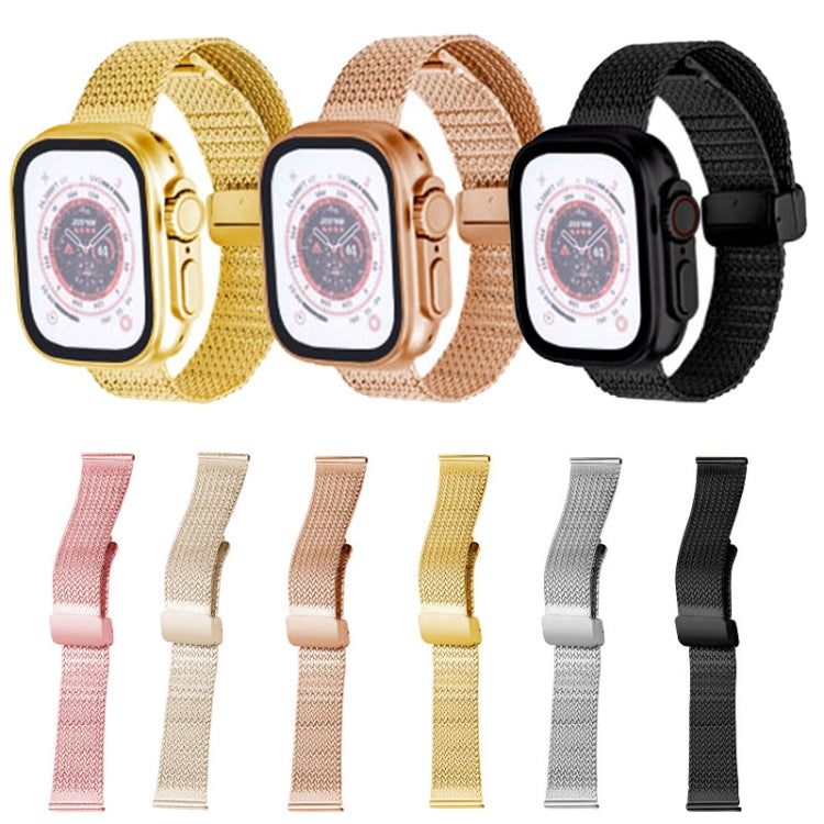 For Apple Watch Series 9 45mm Magnetic Buckle Herringbone Mesh Metal Watch Band(Rose Gold)