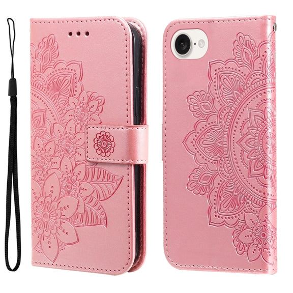 For iPhone 16e Seven-petal Flowers Embossing Leather Phone Case(Rose Gold)