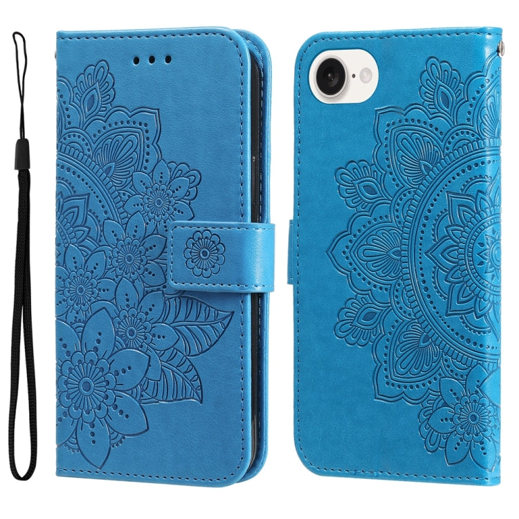 For iPhone 16e Seven-petal Flowers Embossing Leather Phone Case(Blue) - iPhone 16e Cases by PMC TechLife | Online Shopping South Africa | PMC TechLife | Buy Now Pay Later Mobicred