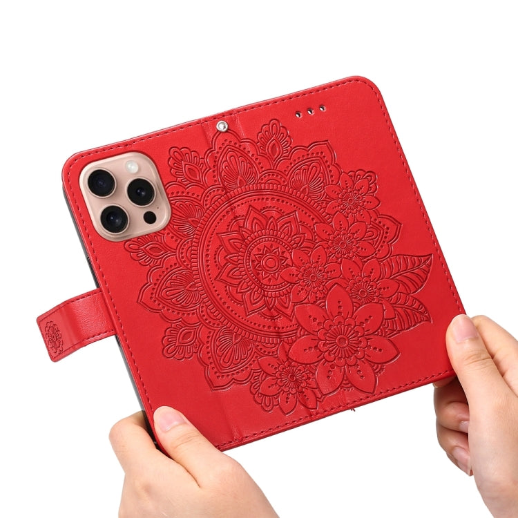 For iPhone 16 Pro 7-petal Flowers Embossing Leather Phone Case(Red) - iPhone 16 Pro Cases by PMC TechLife | Online Shopping South Africa | PMC TechLife | Buy Now Pay Later Mobicred
