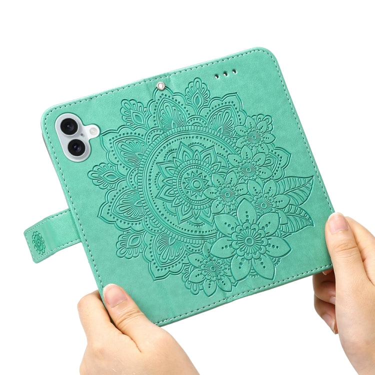 For iPhone 16 Plus Seven-petal Flowers Embossing Leather Phone Case(Green) - iPhone 16 Plus Cases by PMC TechLife | Online Shopping South Africa | PMC TechLife | Buy Now Pay Later Mobicred