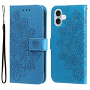 For iPhone 16 Plus Seven-petal Flowers Embossing Leather Phone Case(Blue)