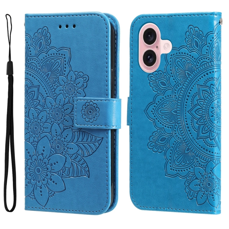 For iPhone 16 7-petal Flowers Embossing Leather Phone Case(Blue) - iPhone 16 Cases by PMC TechLife | Online Shopping South Africa | PMC TechLife | Buy Now Pay Later Mobicred
